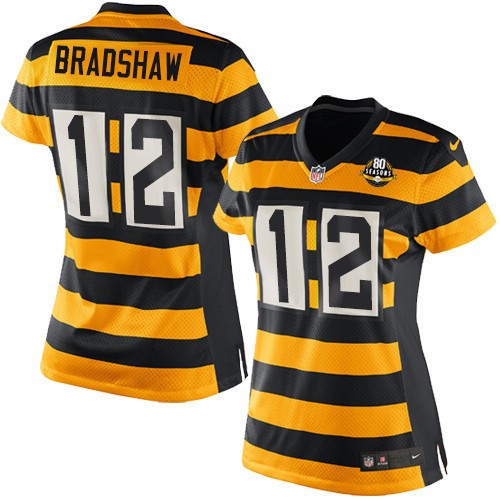 Women's Elite Terry Bradshaw 80th Anniversary Nike Jersey Gold/Black Alternate - #12 Throwback NFL Pittsburgh Steelers